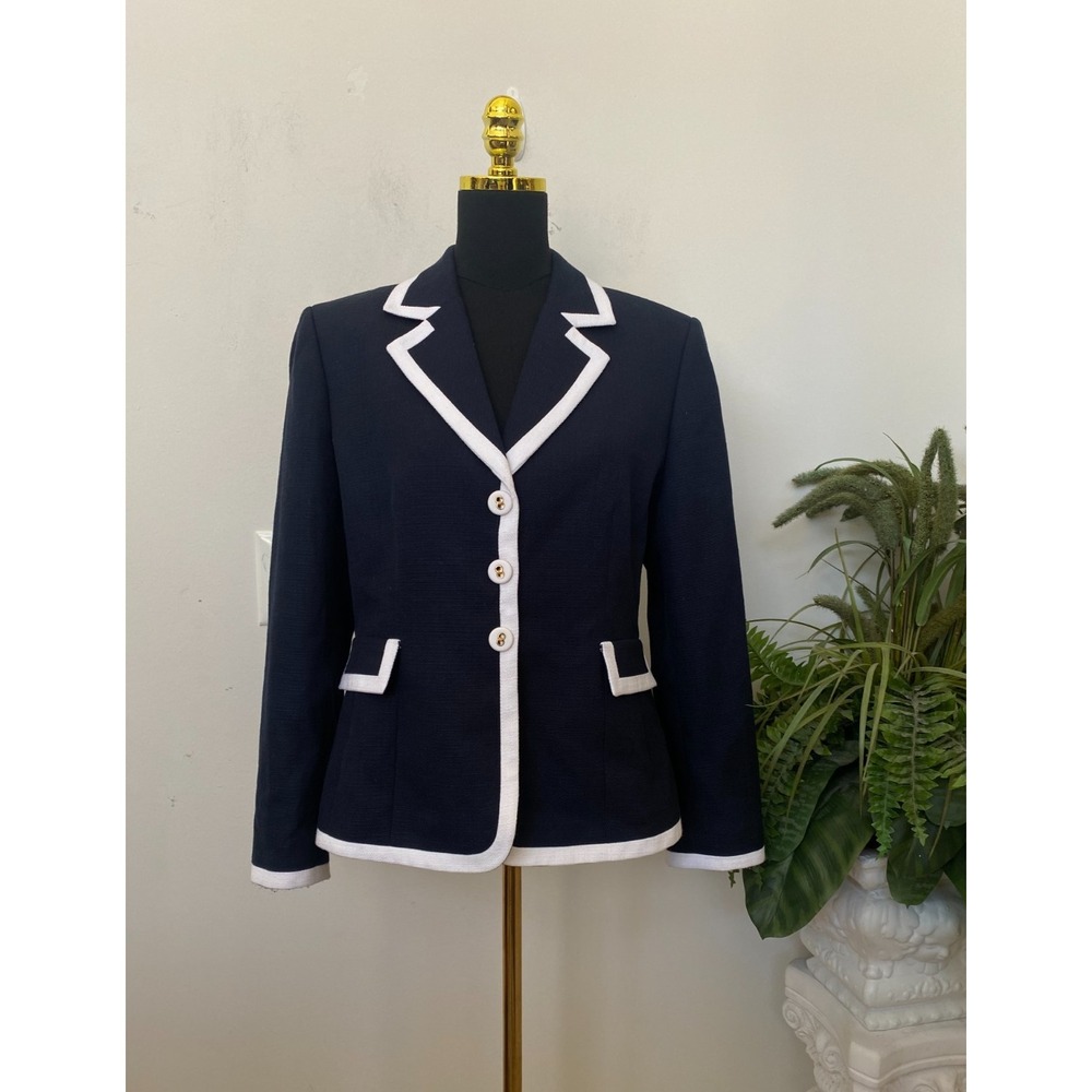 New Tahari Women's Navy Blue/White Polyester Blend Blazer Jacket Size 14P,  $148